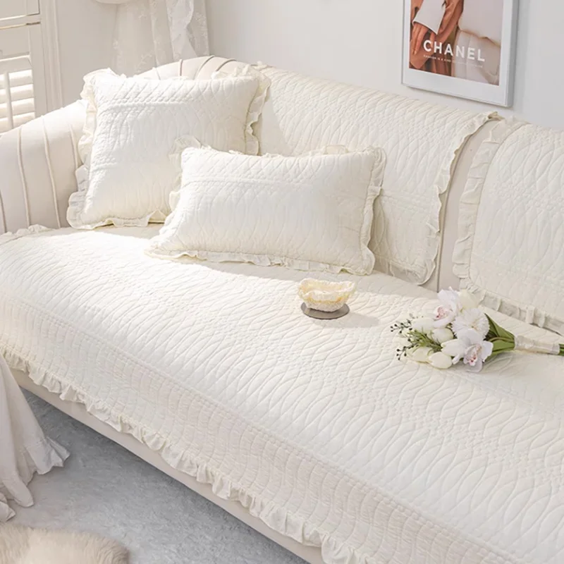 French Pure Cotton Sofa Cover with Lace Exquisite Dust-Proof Non-Slip Sofa Cushion for Four Seasons Soft Breathable Home Decor