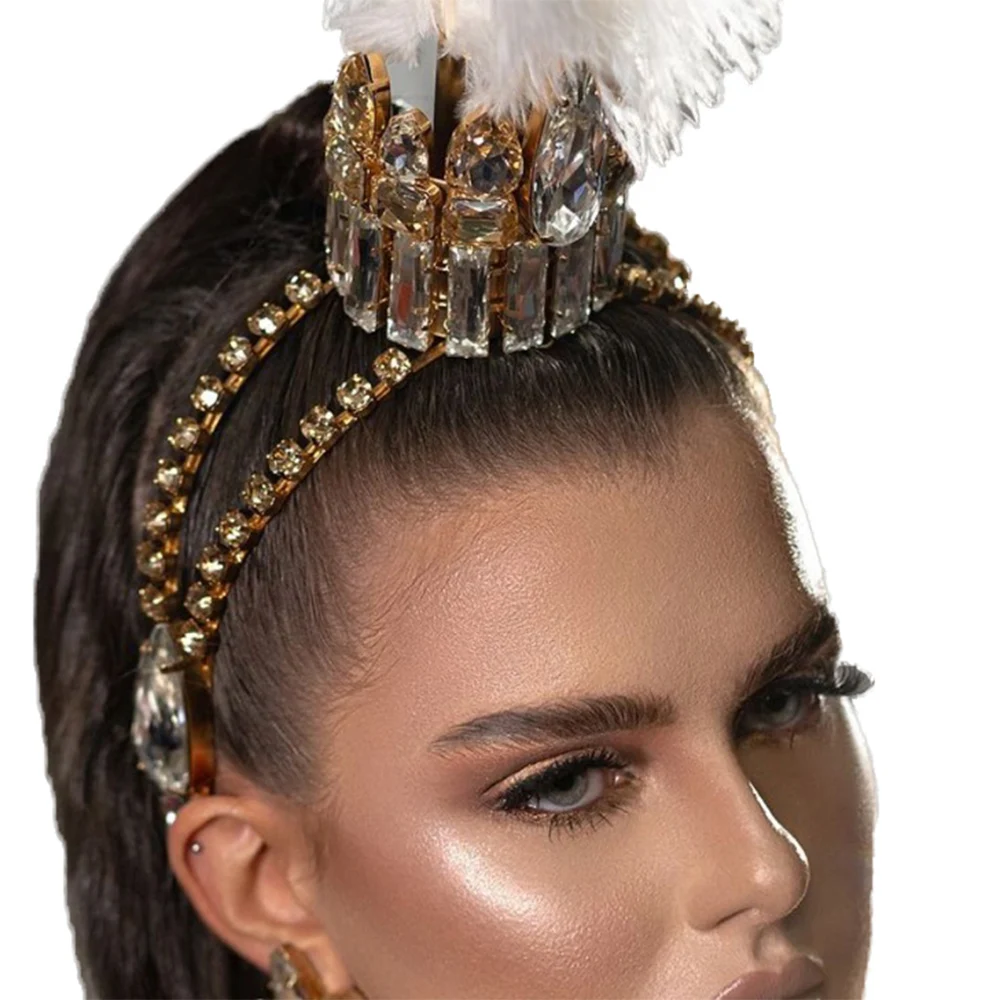 CUIER Top Luxurious White Feather Glass Strass Tiaras Headpiece for Women Crown Drag Queen Huge Size Jewelry For Stage