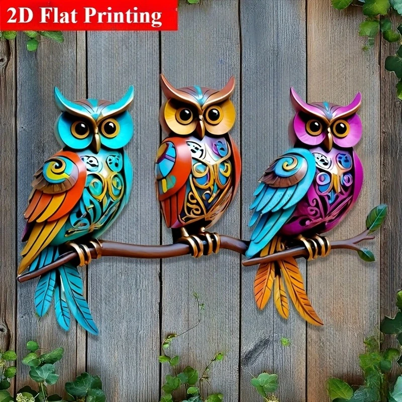 Bohemian Style Three Owl Metal Wall Art Decoration, Courtyard, Living Room And Bedroom Outdoor Fence Decoration, 2D Flat