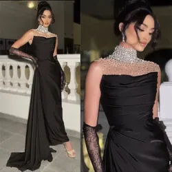 Saudi Arabia Black Mermaid Prom Dressess Sexy High Neck Sleeveless Evening Dress Pleat Shiny Beaded Crystal Opne Back Customized
