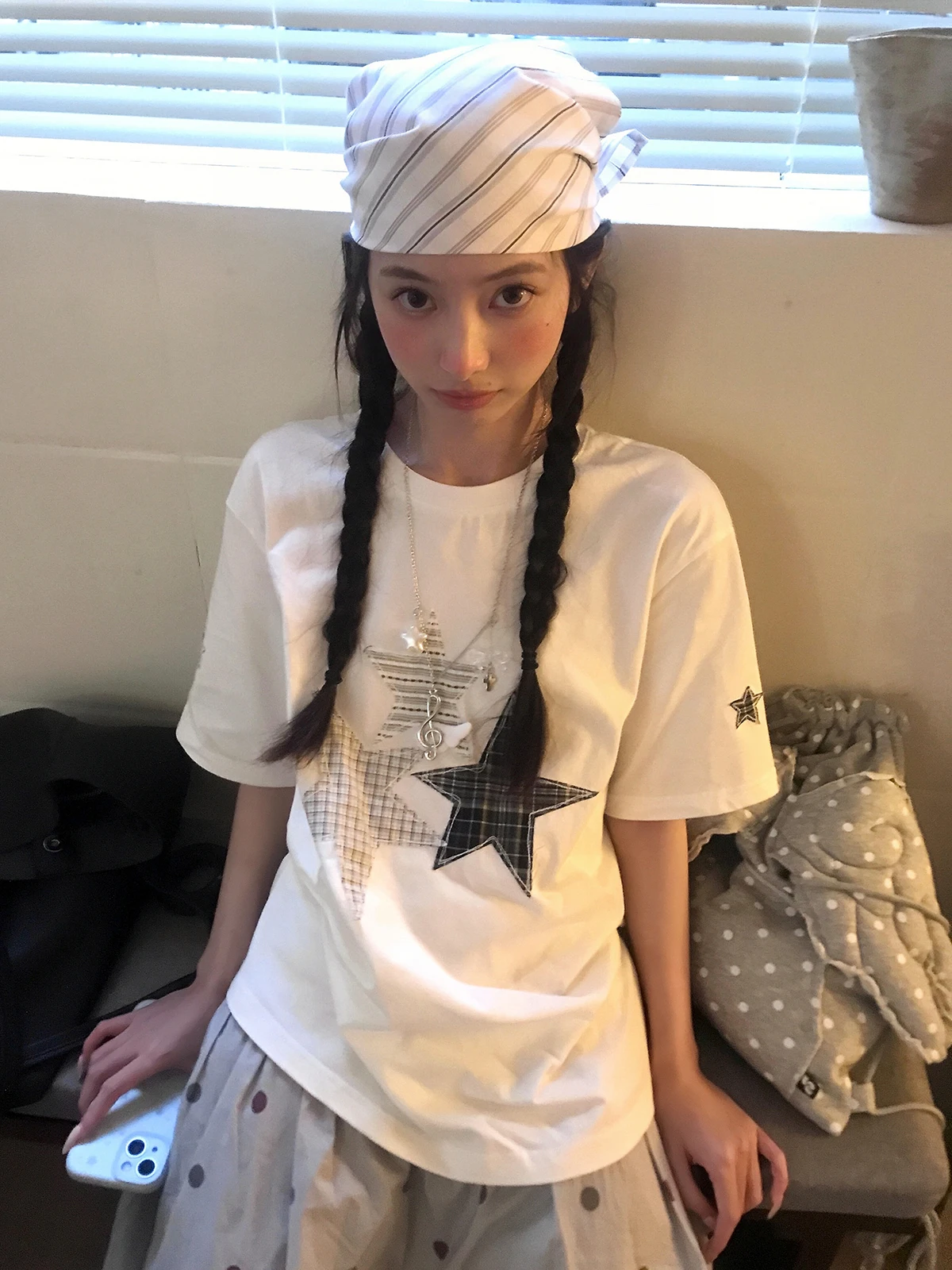 Sakura Star Embroidery Short Sleeve round Neck T-Shirt Women Casual Loose Cotton Summer Top Versatile Lazy Style