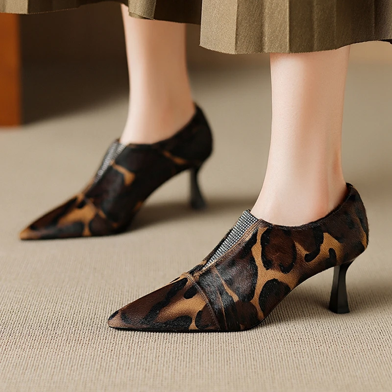 

Women's new spring and autumn genuine leather horsehair pointed rhinestone high-heeled deep cut fashion single shoes