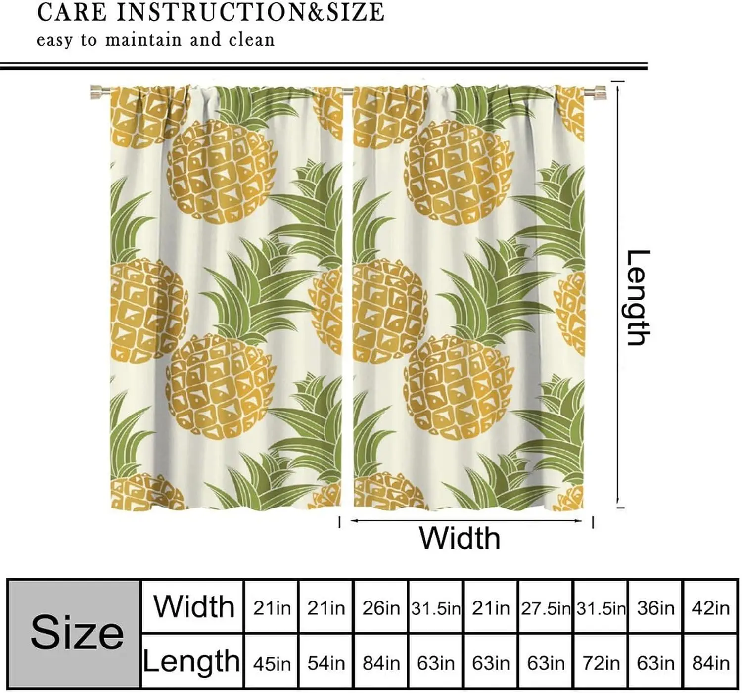 Cute Pineapple Tropical Fruit Curtains, 2-panel rod pocket drapes for summer home decor