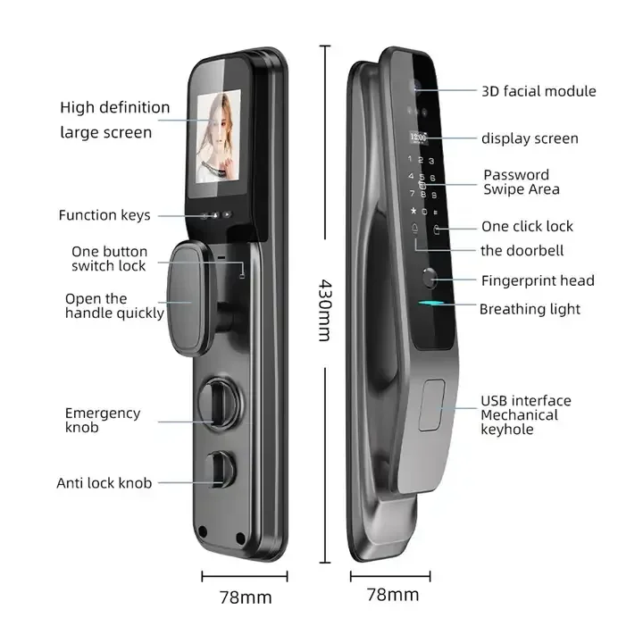 Smart Door Lock with 3D Face Camera and Fingerprint Electronic Lock, Suitable for Home Security Portal