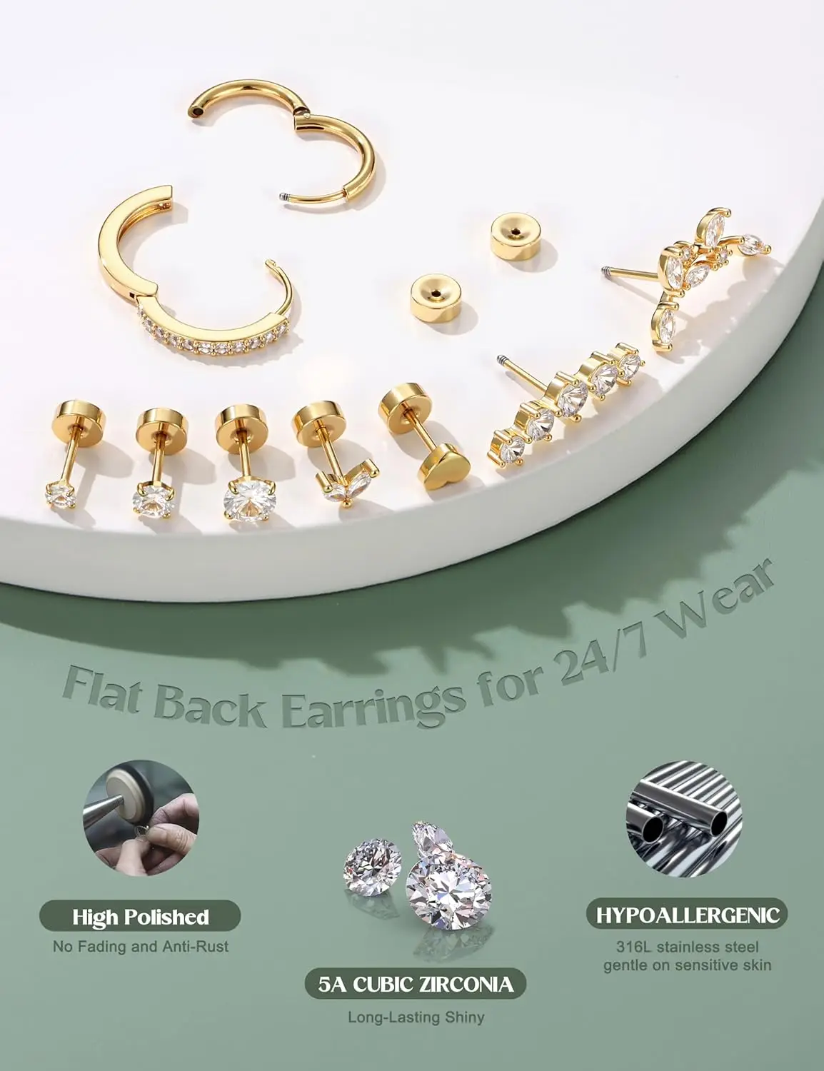 Florideco 1/12Pair Flat Back Cartilage Earring for Woemen Surgical Steel Stacks Stud Hoop Earring Helix Piercing Jewelry
