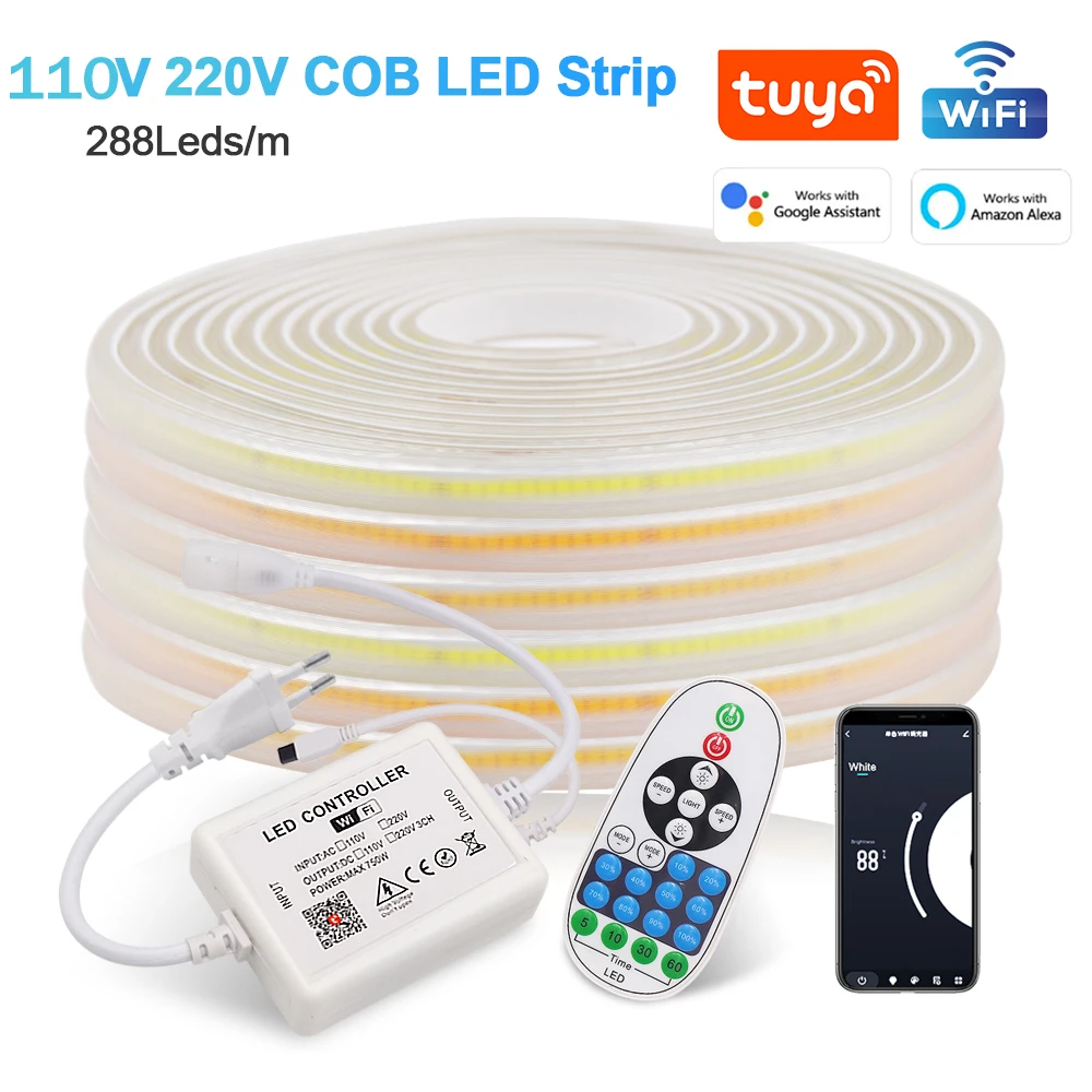 

110V 220V Tuya WiFi COB LED Strip Light 288leds/m Dimmable LED Tape Flexible Waterproof COB LED Lights Linear Lighting with Plug