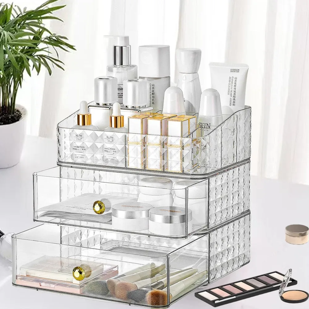 

Transparent Diamond Makeup Organizer Case Luxury Drawer Cosmetic Storage Box Acrylic Lipstick Container Vanity Dresser Organizer