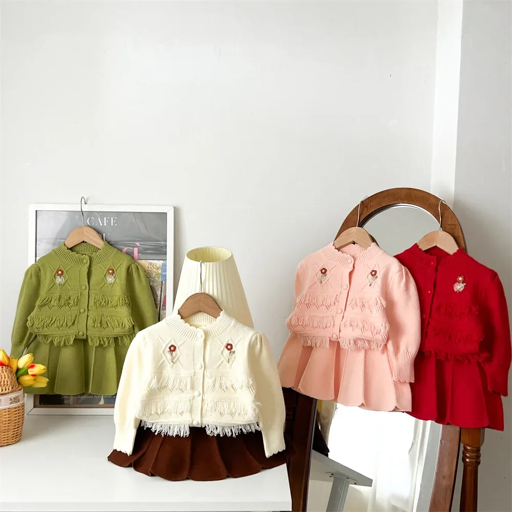 

Autumn Winter Baby Girls Tassels Sweater + Skirts 2 Pcs Sets Toddler Girl Flower Knitted Cardigan Kids Pullovers Coat Suits