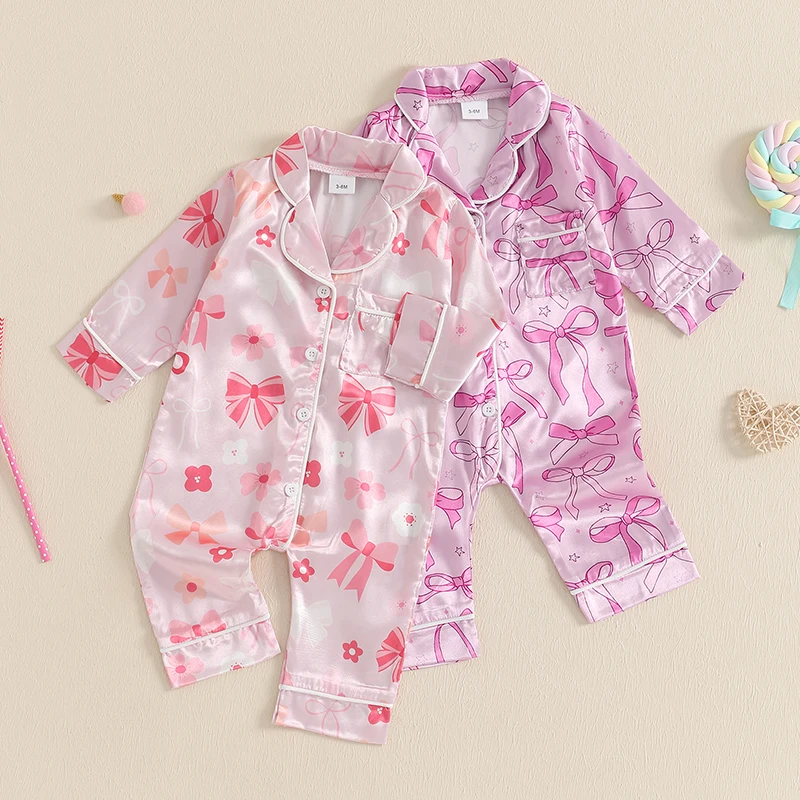 0-18M Baby Meisjes Satijn Zijdeachtige Pyjama Rompertjes Strik Bloemenprint Revers Hals Lange Mouw Herfst Body jumpsuits Nachtkleding