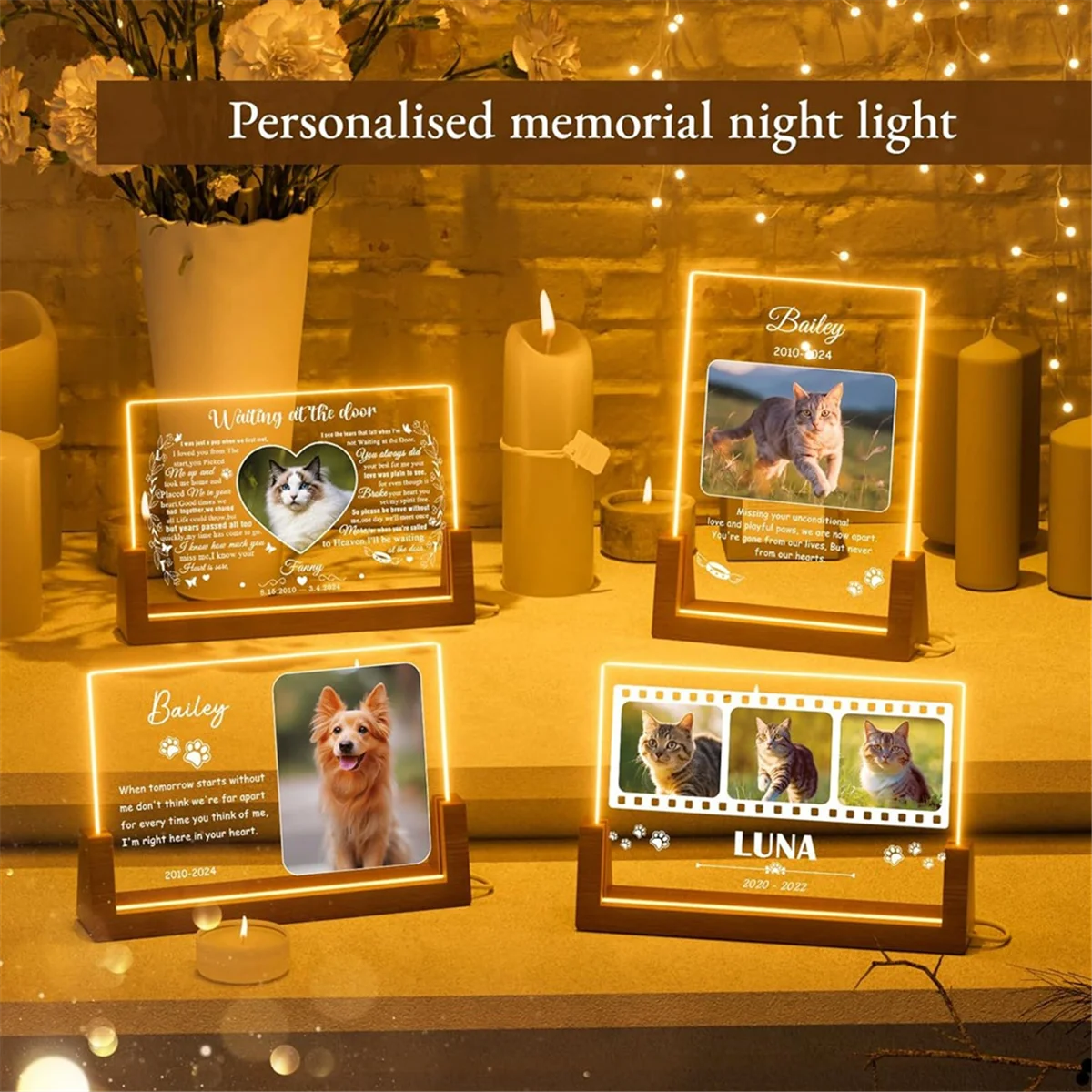 6inch Wooden U-Shaped Luminous Base Display Frame Wooden Frame LED Personalized Cat Memorial Gifts for Loss of Cat