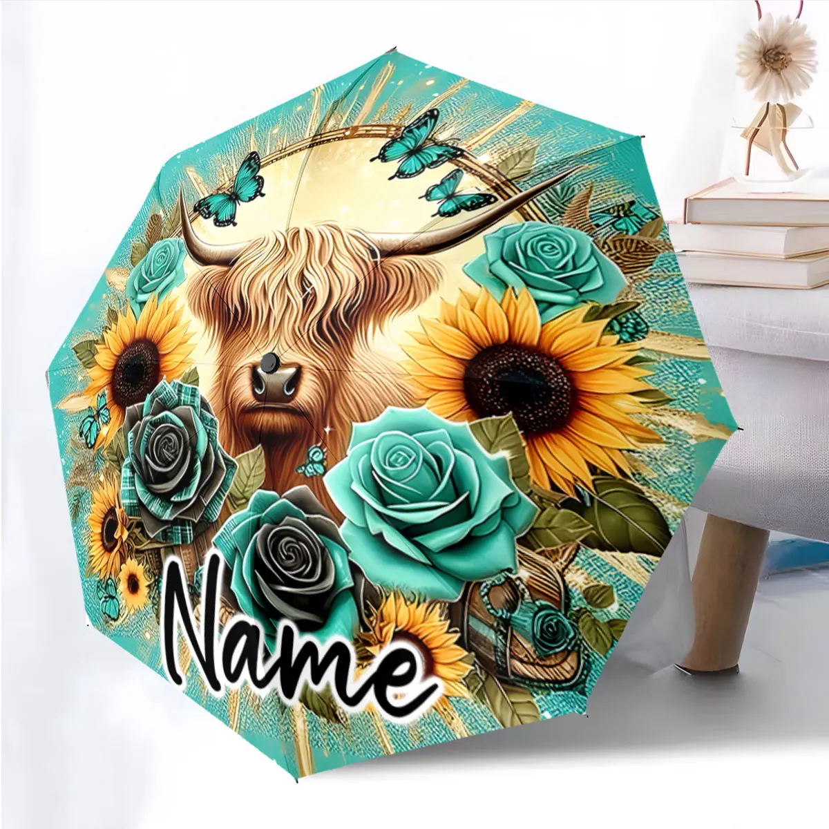 Custom Name Floral Umbrella with Bull and Butterflies Design Print 8 Iron Ribs Folding Umbrella Auto-Open Fashion Sunshade