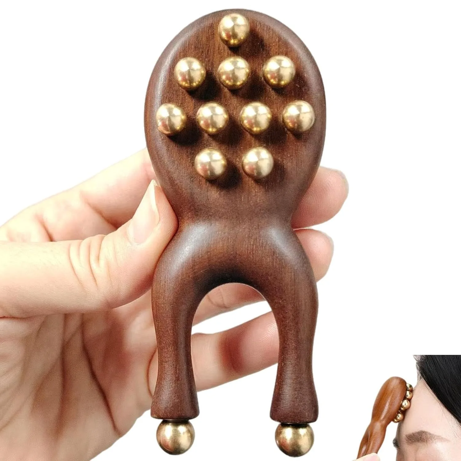 Rouleau de massage facial en bois de santal avec 12 billes en laiton, outil Guasha en bois en forme de Y pour le visage, les yeux, le nez, les oreilles, le massage des méridiens et des points d'acupuncture