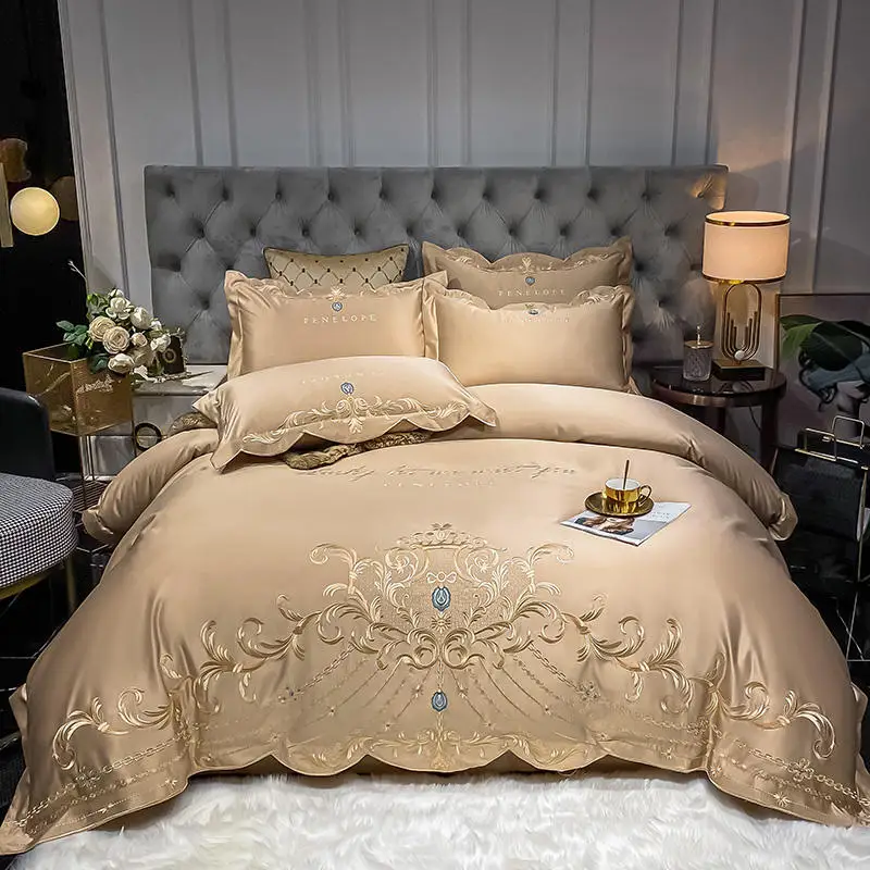 

Solid Color Embroiderd Duvet Cover Bed Sheet Pillowcases Rubber Band Bedspread Luxury Satin Cotton Bedding Set Home Textile
