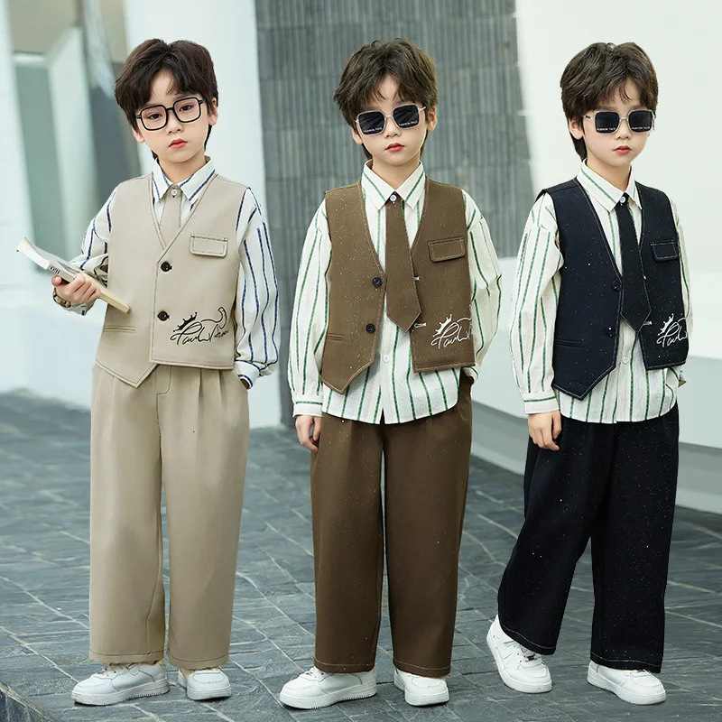 Boys Starry Fabric Vest Suit Set Script Letter Embroidery Loose Fit with Wide Leg Pants Teen Kids Stage Performance Outfit 4-14Y