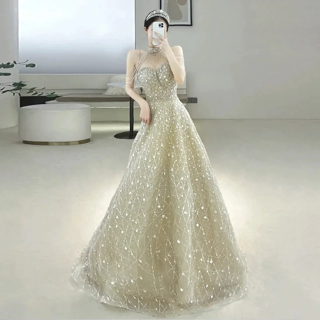 Halter Tassel Beading Cocktail Dresses Sequins Light Champagne Backless A-Line Graceful Floor Length Woman Party Evening Gowns