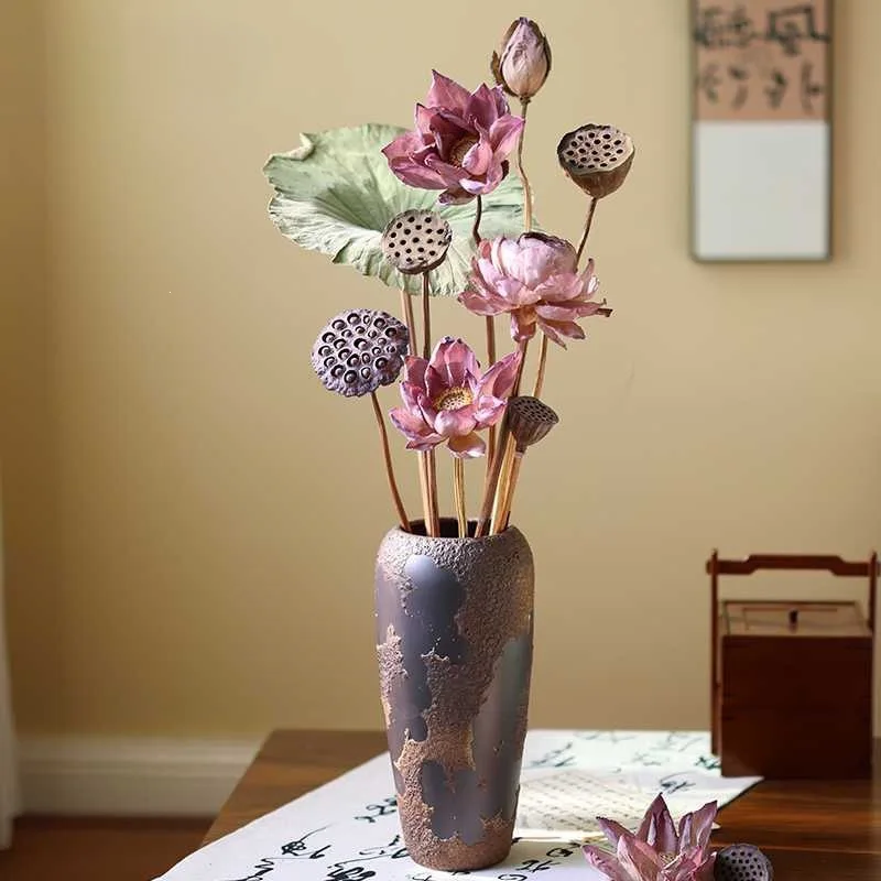 New Chinese Zen natural lotus pod lotus leaf dried lotus bouquet living room vase advanced simulated flower decoration