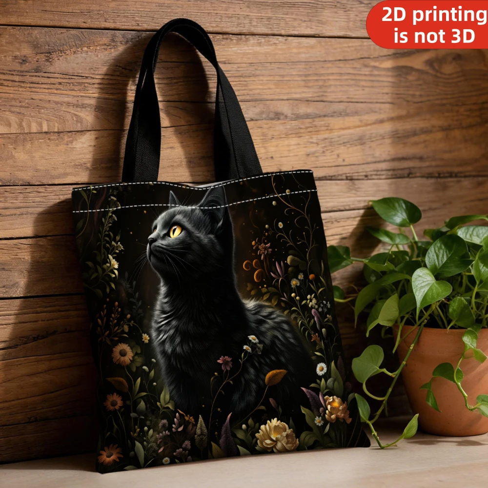 Sac à main imprimé 2D, sac fourre-tout à imprimé floral de chat noir, pour les trajets en métro, le shopping, les voyages, l'usage quotidien, le transport d'épicerie, 1 pièce
