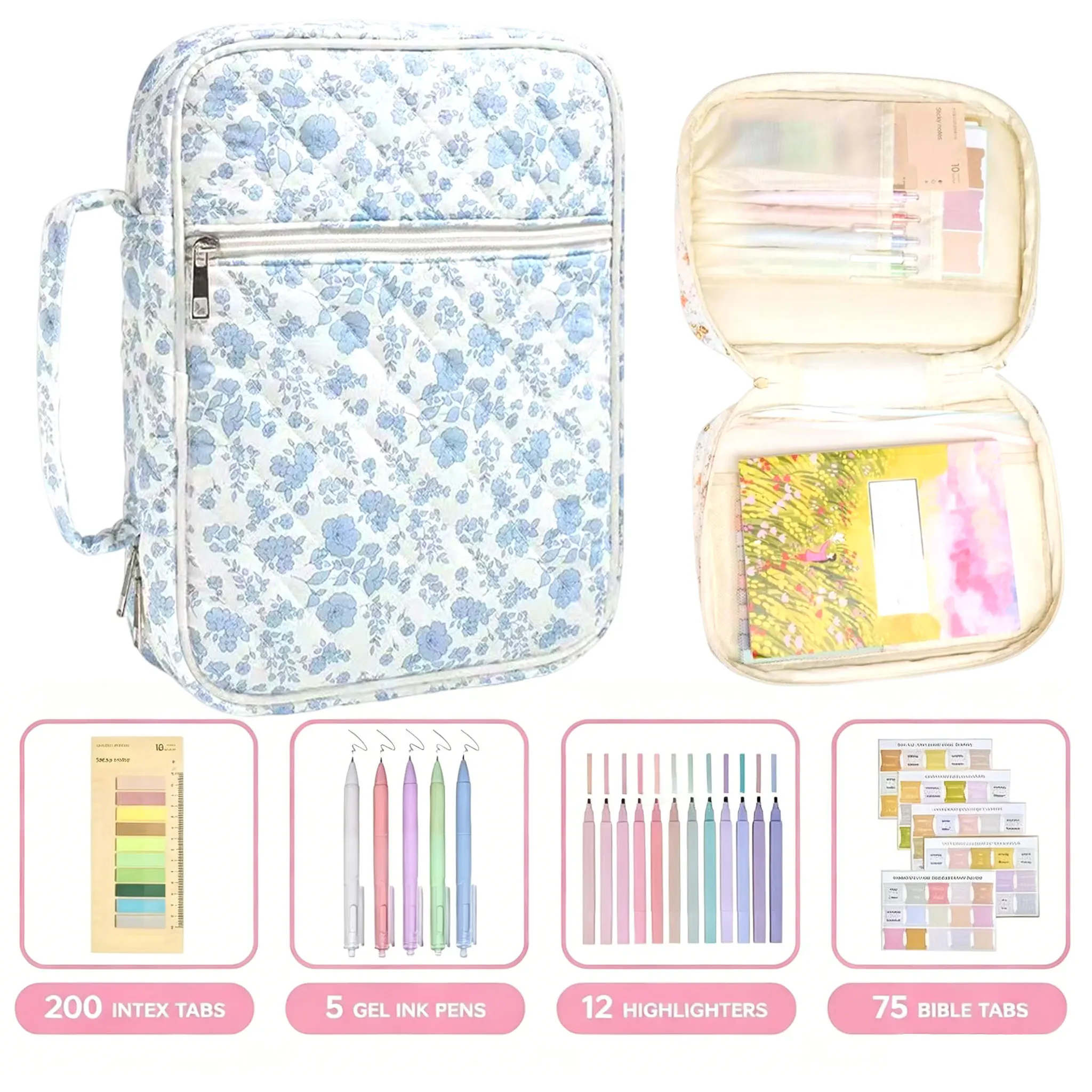 1set Floral Bible Study Bag Set, Portable Quilted Carrying Case with Highlighters, Gel Pens & Index Tabs, All-in-One Bible ZSY