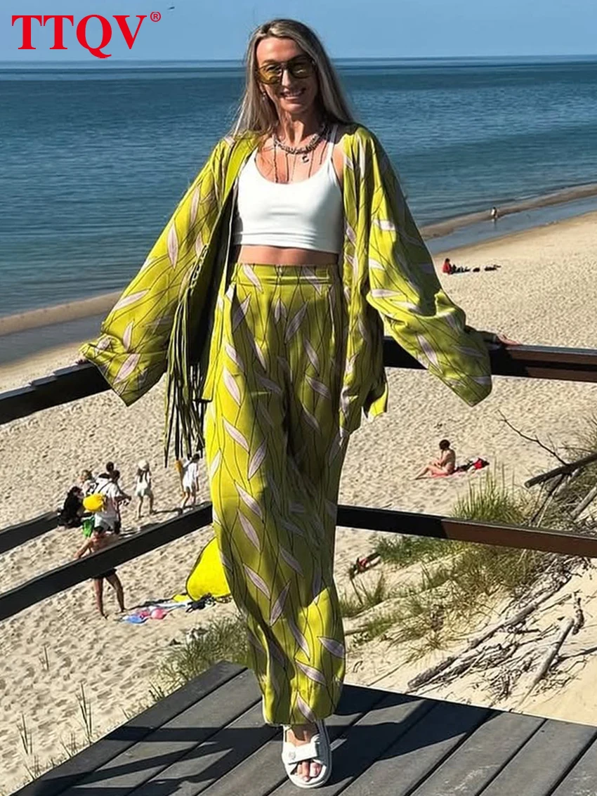 

TTQV Fashion Loose Green Print Women's Two Pieces Set 2026 Elegant Long Sleeve Shirt With High Waist Wide Pants Set Female