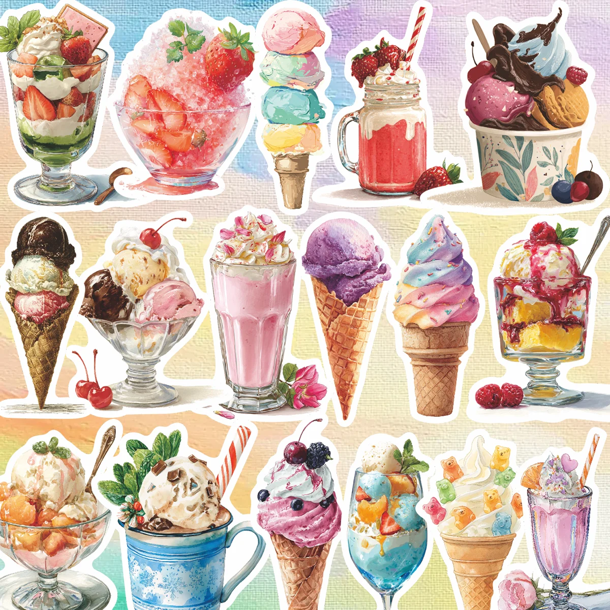 50pcs Sweet Pastel Ice Cream Stickers | Cozy Watercolor Decals for Journal, Phone Case & Gift, Dessert Fans & Gift Givers