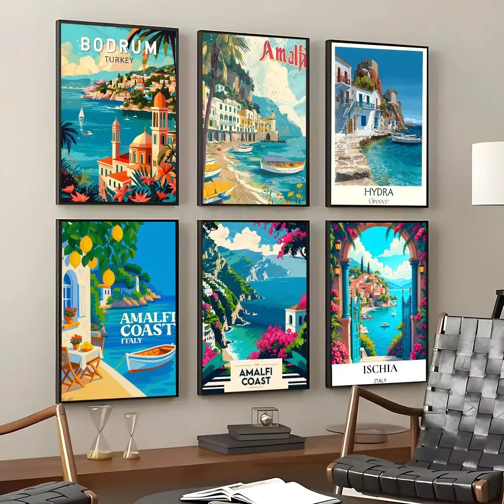 Pattern Mediterranean Sea View Poster Self-Adhesive Waterproof Wall Stickers, Coffee Bar Home Wall Decor