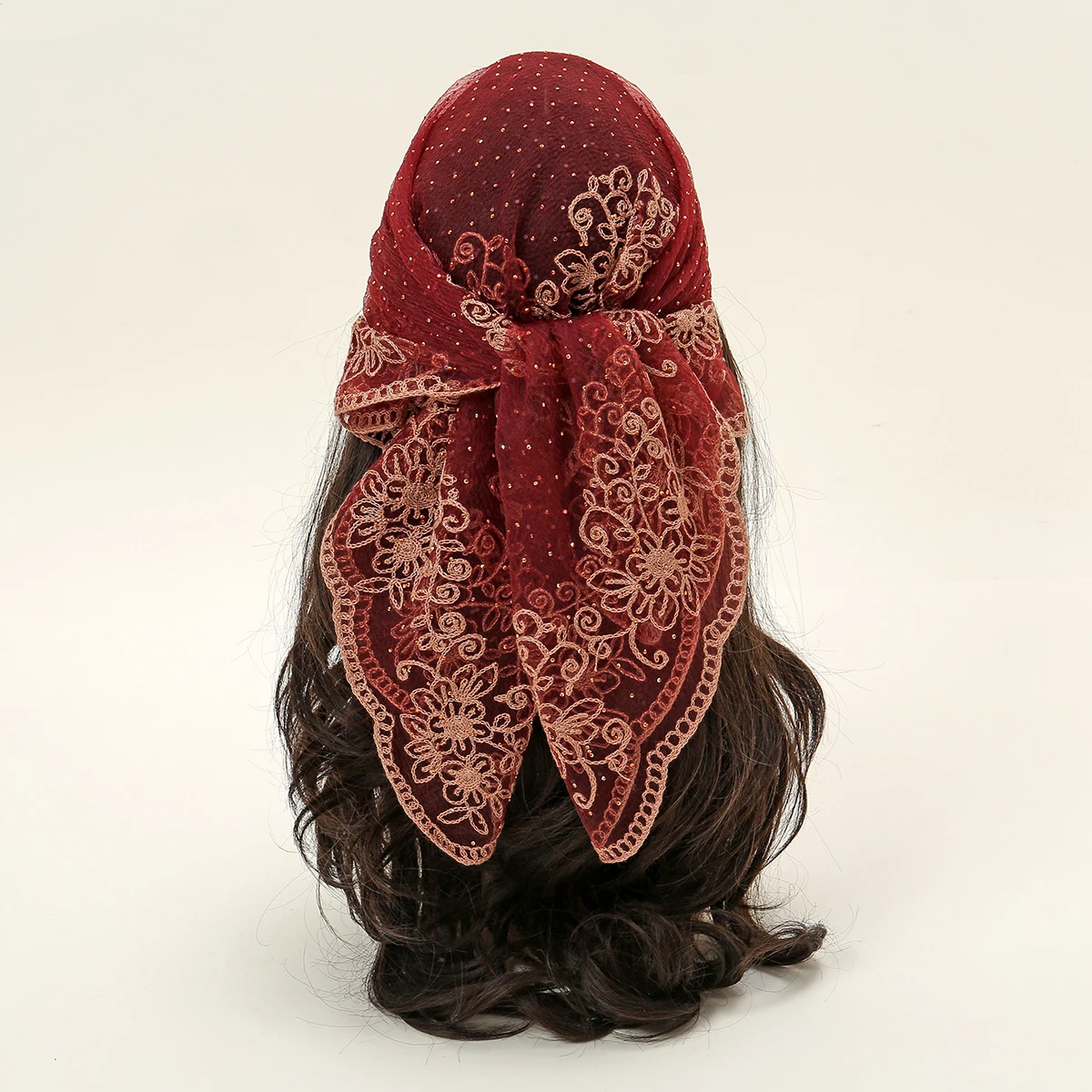 80*70cm Rhinestone Lace Hair Scarf For Women Elegant Neckerchief Hijab Scarves Female Fashion Kerchief Hollow Out Neck Scarf