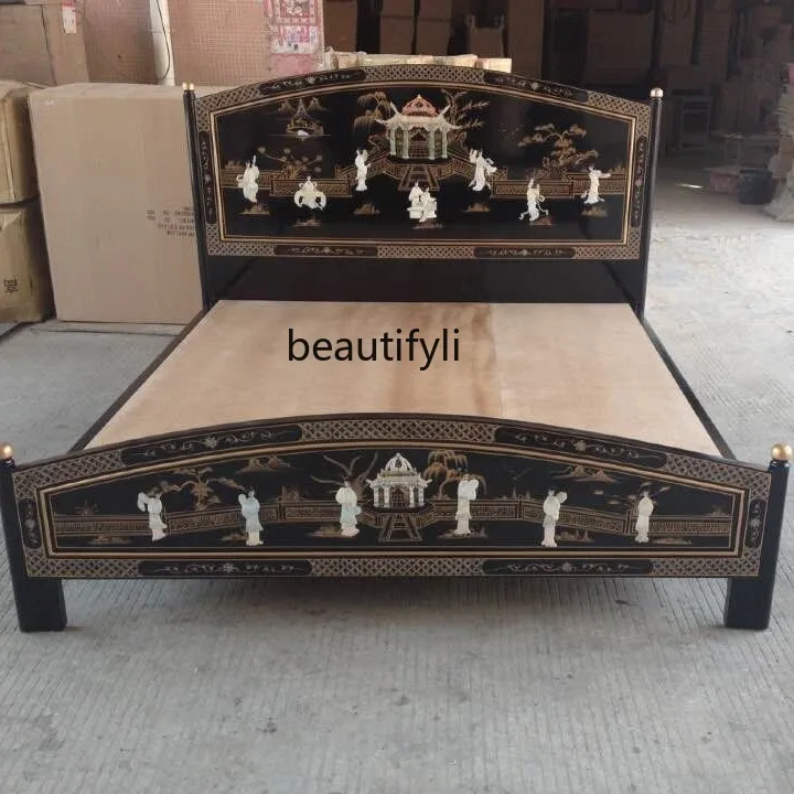 Bedroom Solid wood double bed Luodian craft shell lady pavilion painted, bright paint