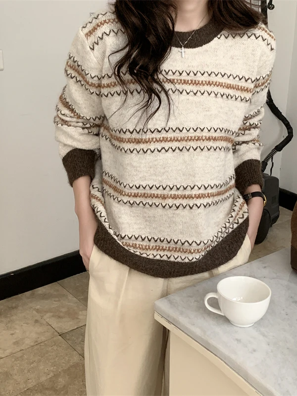 

Retro Knitted Sweater Women's Autumn Winter Lazy Sle round Ne Sweater Diamond Pattern Embroidery Korean Loose Fit Thiened