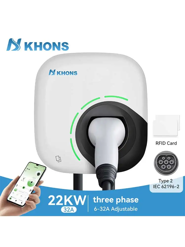 Khons Type2 EV-Ladestation 22 kW EV-Ladegerät 32 A 3 Phasen Wallbox Elektrofahrzeug-Ladestation IEC62196 mit App-Steuerung