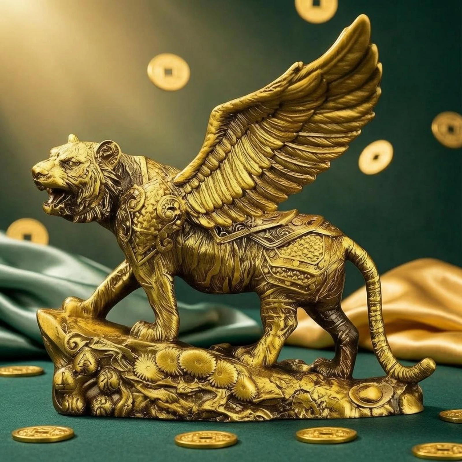 Winged Tiger Figurine Feathered Wings Winged Tiger Decor Antique Style Gold-Tone