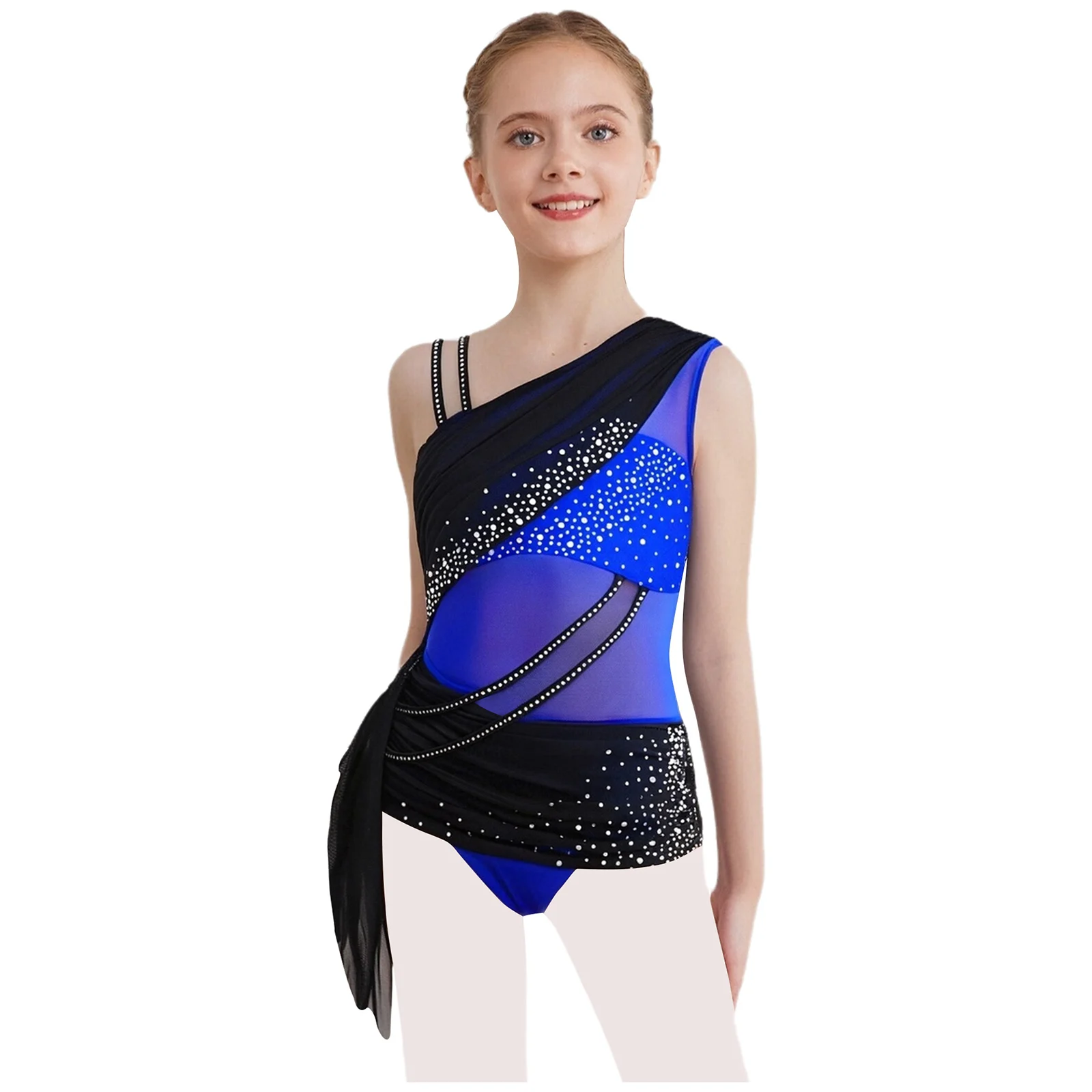 

Kids Girls Lyrical Dance Leotard Sheer Mesh Ruched Overlay Asymmetrical Glittery Rhinestones Leotard Dress Jazz Latin Dancewear
