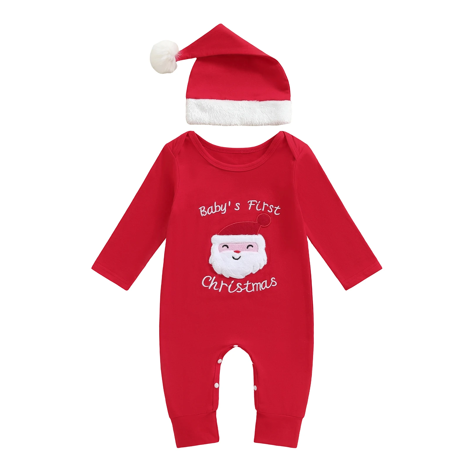 

Baby Christmas Romper Santa Letter Embroidery Long Sleeve Round Neck Jumpsuit with Hat