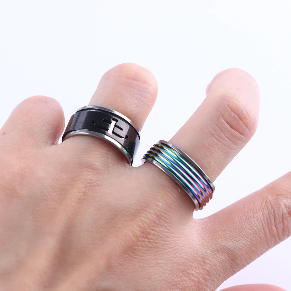 10Pcs/Lot Fashion Vintage Spinner Stainless Steel Ring For Women Men Rotating Stripe Stress Finger Jewelry Mix Style Accessories