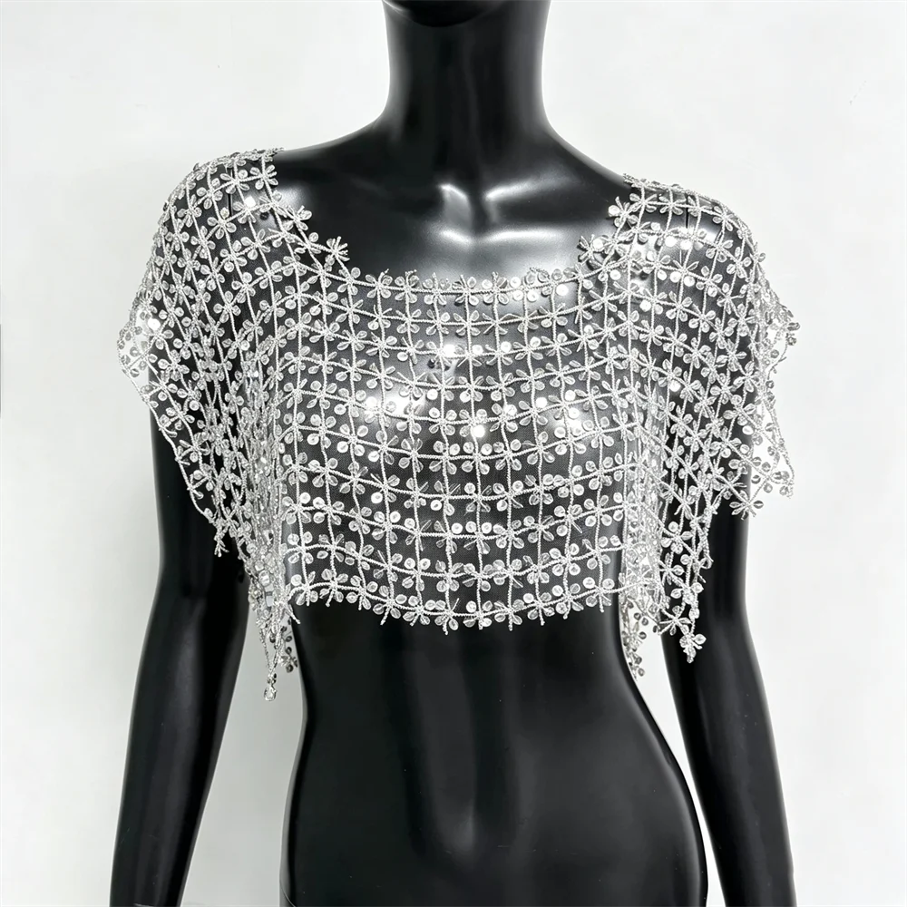 Shiny Silver Sequin Flower Mesh Crop Top for Women Sexy Hollow See Through T Shirt Rave Festival Party Streetwear Top