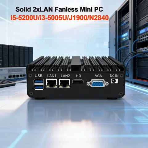 Dual LAN Fanless Mini PC Intel Core i5 5200U i3 5005U Celeron J1900 N2840 Industrial Firewall Router 6xUSB Computer Home Server