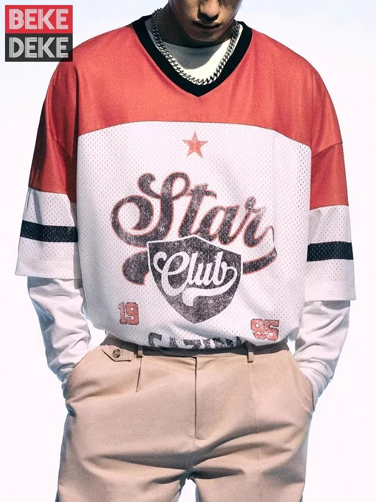

Summer Men New Style Loose Fit Fashion Printed T-Shirts Short Sleeved V-Neck Pullover Tops Breathable Daily Casual Tees Hot Sale