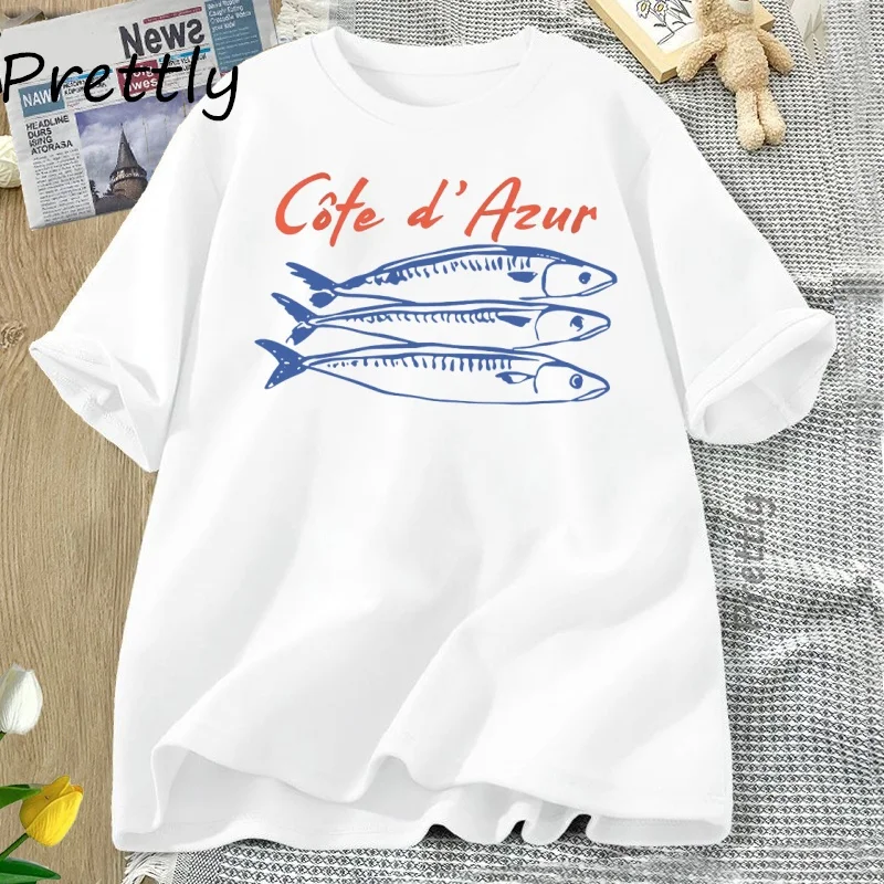 

Футболка с французскими сардинами, дорожная футболка, прибрежная эстетичная футболка, футболка с рисунком в стиле ретро, хлопковые футболки с короткими рукавами для французских каникул