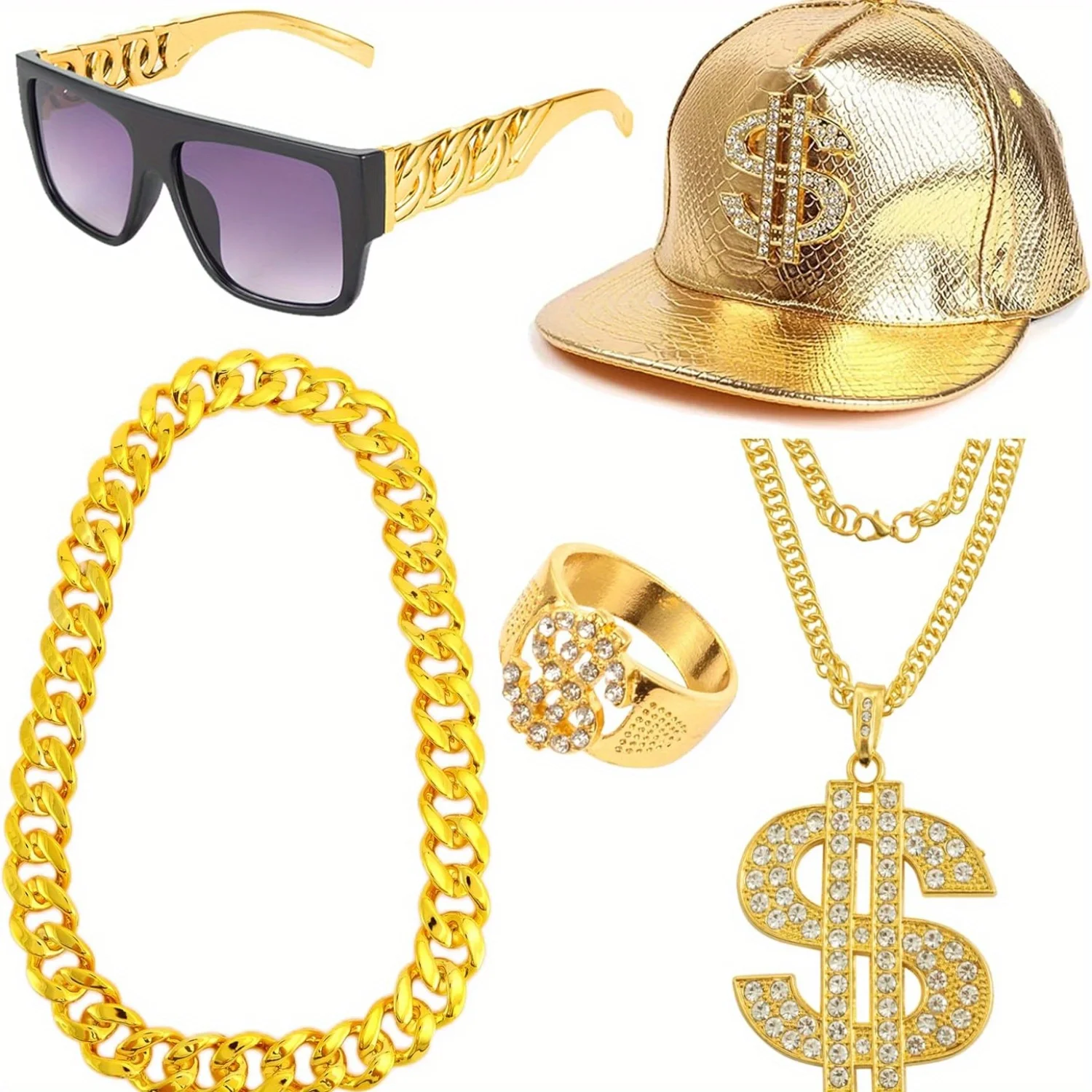 

80s 90s Hip Hop Costumes Outfit for Men Money Chain Dollar Sign Baseball Cap Punk Sunglasses Rapper Accessories.