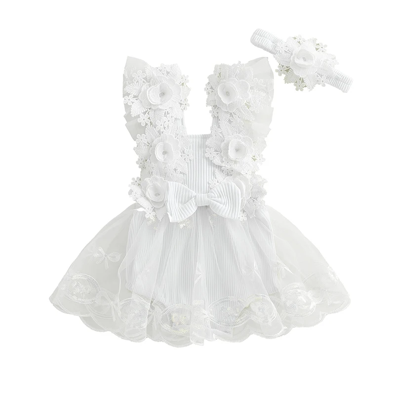 

0-24M Infant Baby Girl Romper Dress Sleeveless Bow Flower Lace Tulle Dress Bodysuit Headband Newborn Summer Outfits