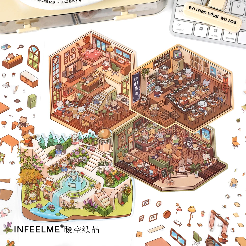 Kawaii  corner park 3D Coffee Bakery Landscape Sticker  DIY Pocket Cabin Scene festival gift ﻿