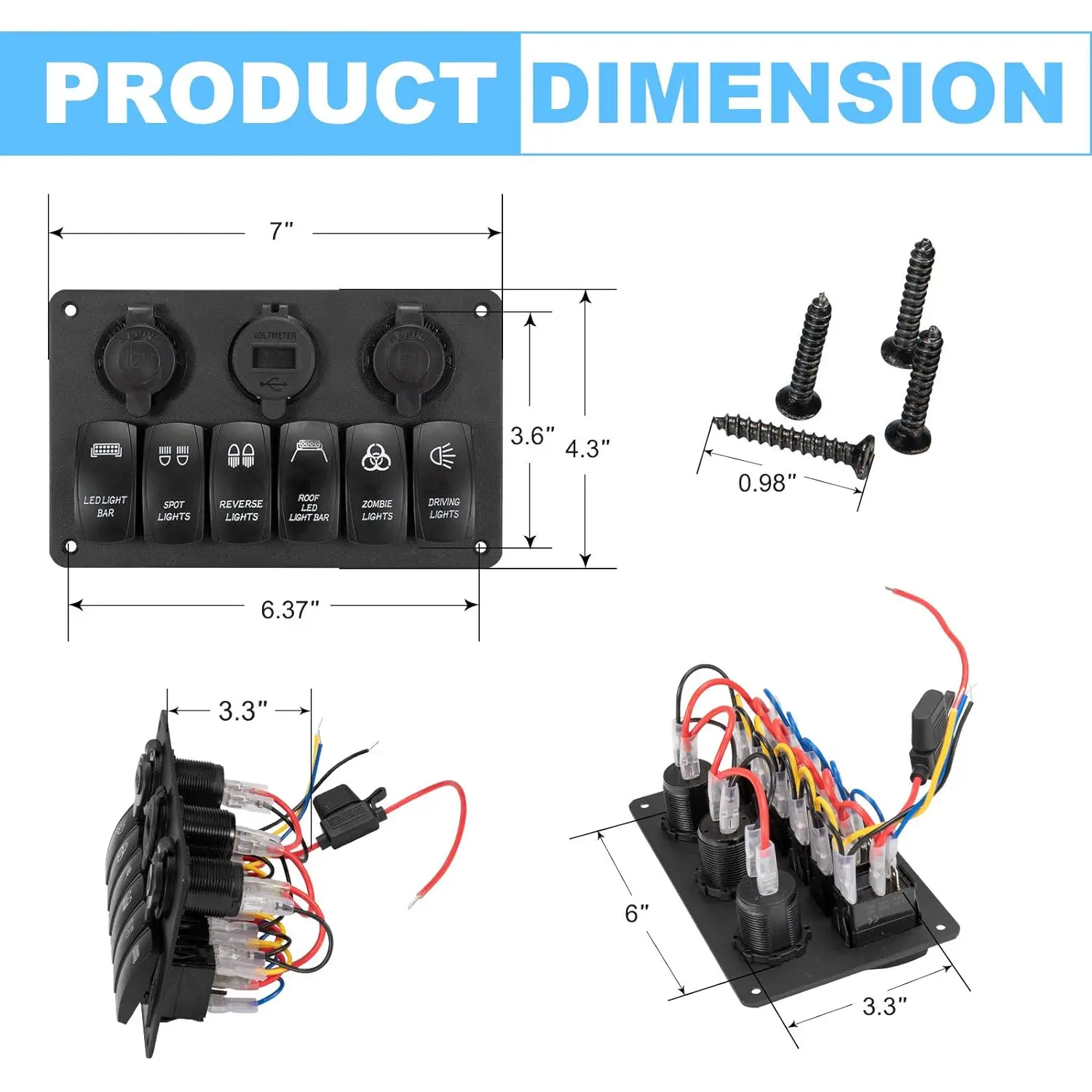 Popular Blue 6 Gang Automotive Marine Rocker Switch Panel Waterproof Dual USB Charger Voltmeter Cigarette Lighter Power Socket