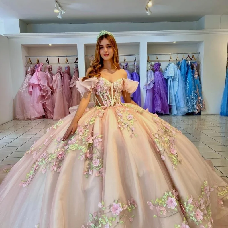 

Light Pink Quinceanera Dress off-shoulder Glitter Decal Layering 3D Flower Long tail Bow Vestidos De 15 Quinceanera ﻿Customize