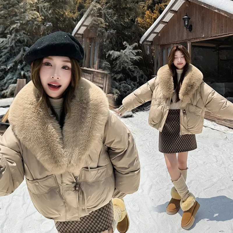 2025 Winter Women Down Cotton Coat Big Fur Collar Short Styles Side Pocket Jacket Female Detachable Fur Collar Designs Overcoat