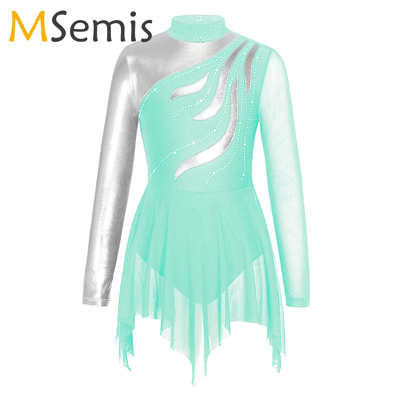 Kids Girls Ballet Gymnastics Leotard Figure Skating Dress Long Sleeve Rhinestone Dance Stage Performance Competition Costume