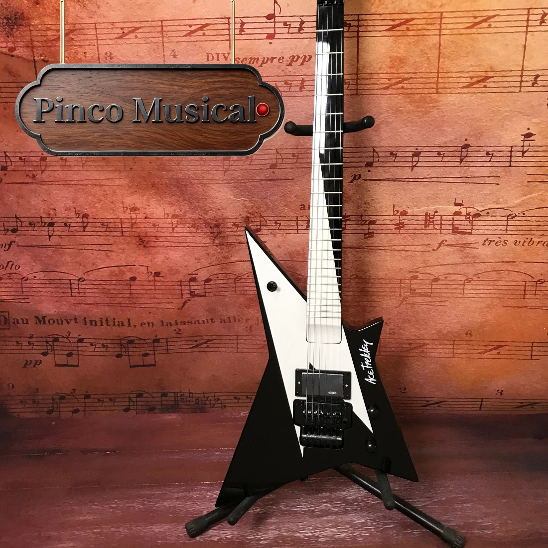 Wash AF-40 Ace Signature Electric Guitar, EMG81 Active Pickup, Kiss Band Black White Lightning Floyd Rose Metal Guitar