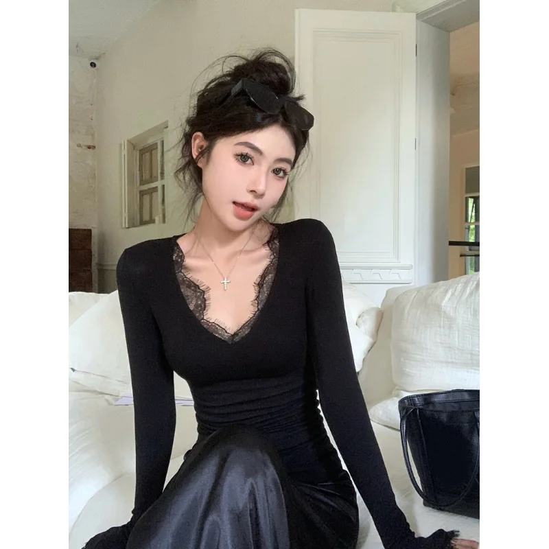 Fleece Lined Slim Fit Long Sleeve Women's Base Shirt Lace Detailing Inner Wear T-Shirt Early Autumn Spicy Girl Top
