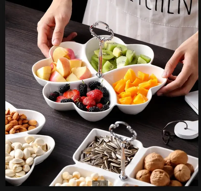 

White Ceramic Plate 4 Grids Snack Tray Fruit Plate Dessert Bowl Dried Fruit Plate Snack Platter Dinner Plate Cake Dim Sum Dish