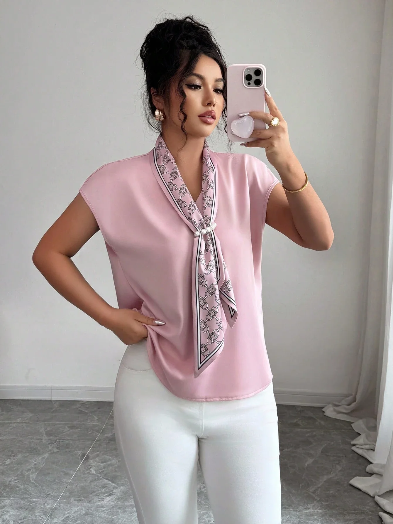 

Pink V-Neck Short Sleeve Blouse With Printed Silk Scarf For Women