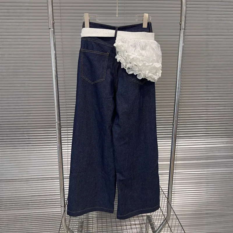 ANJY ฤดูใบไม้ร่วงใหม่ผู้หญิงหวานกางเกงยีนส์ Ruffles Patchwork DENIM Contrast สีตรง VINTAGE Elegant High Street Casual กางเกง A9604