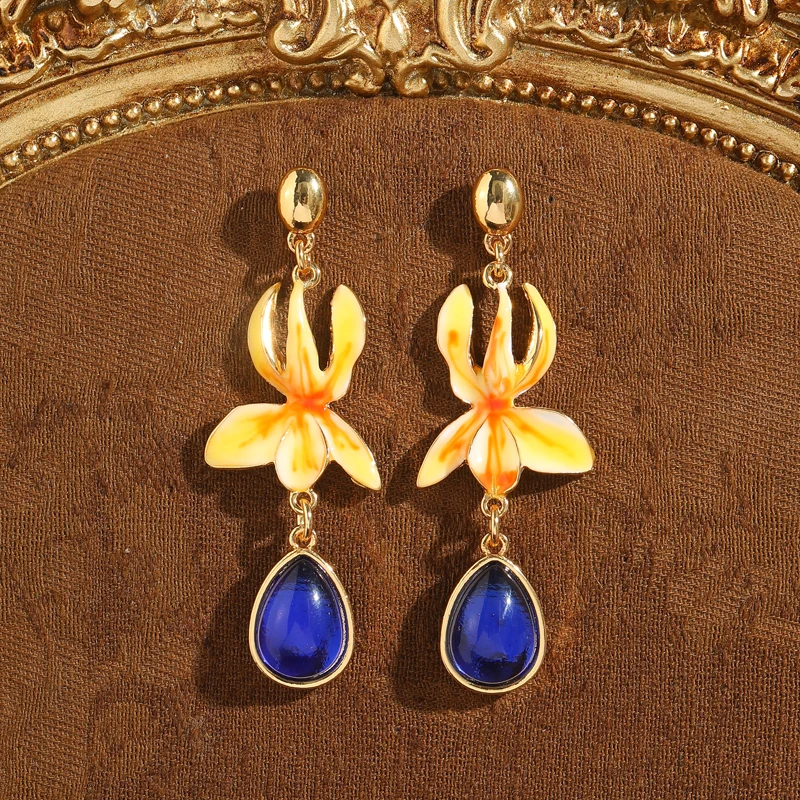 

Vintage Enamel Tulip Flower Long Earrings For Women Blue Water Drop Glass Pendant Gold Color Wedding Accessories Trend 2025 New